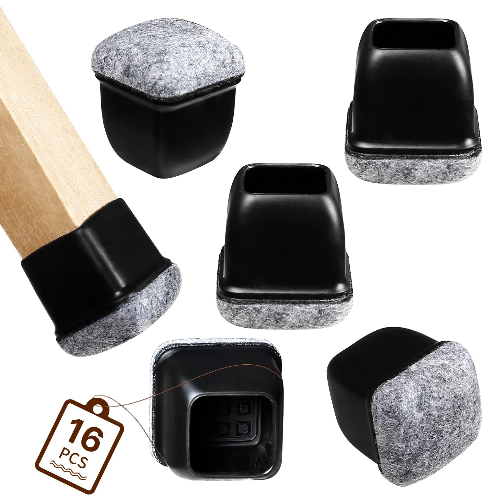 16-pack black silicone chair leg floor protectors with wrapped felt pads for hardwood floors