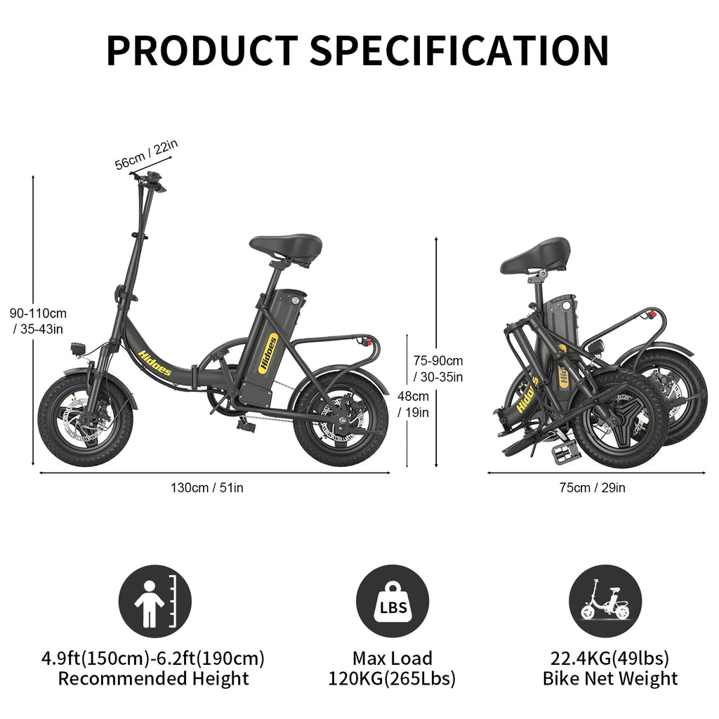 Hidoes C5 folding electric bike, black, 14-inch wheels, 350W motor