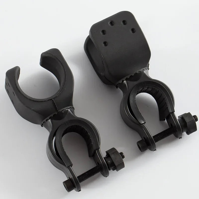 360 Degree Bicycle LED Flashlight Mount Holder attached to a walking stick, showcasing its adjustable design and sturdy build.