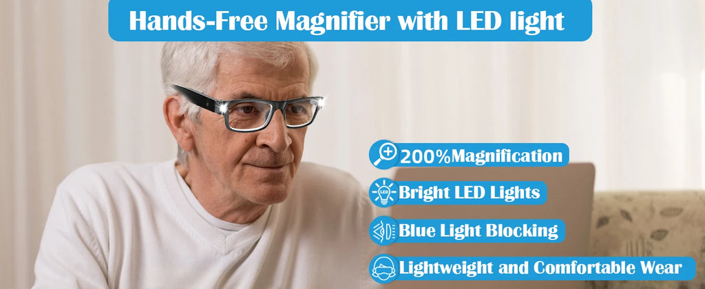 200% magnifying glasses with lamp, featuring USB rechargeable LED light for clear visibility and hands-free use.