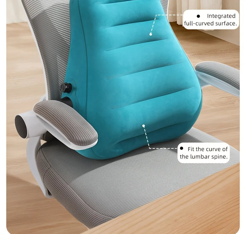 Ergonomic inflatable lumbar support pillow by MobilityBuy.com in blue, press-type cushion for long flights