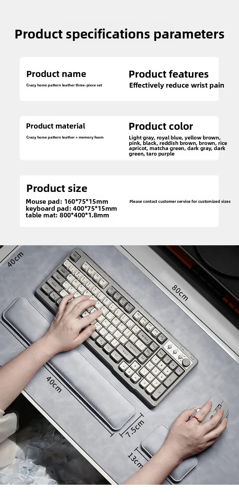 Three-piece desk mat set in gray waterproof PU with large mouse pad, keyboard pad, and wrist rest