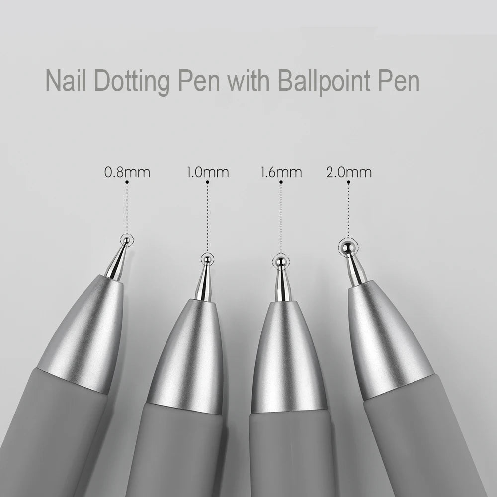 Nail art dotting pen set with four tips (0.8–2.0 mm), silver ballpoint heads on gray handles