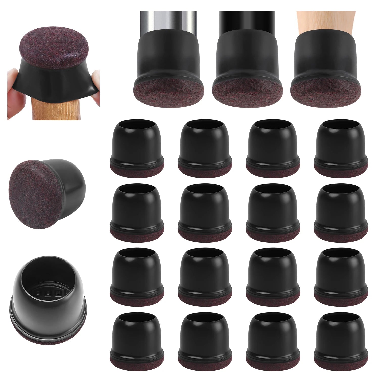 16-pack silicone chair leg floor protectors with wrapped felt pads, black with burgundy felt, MobilityBuy.com