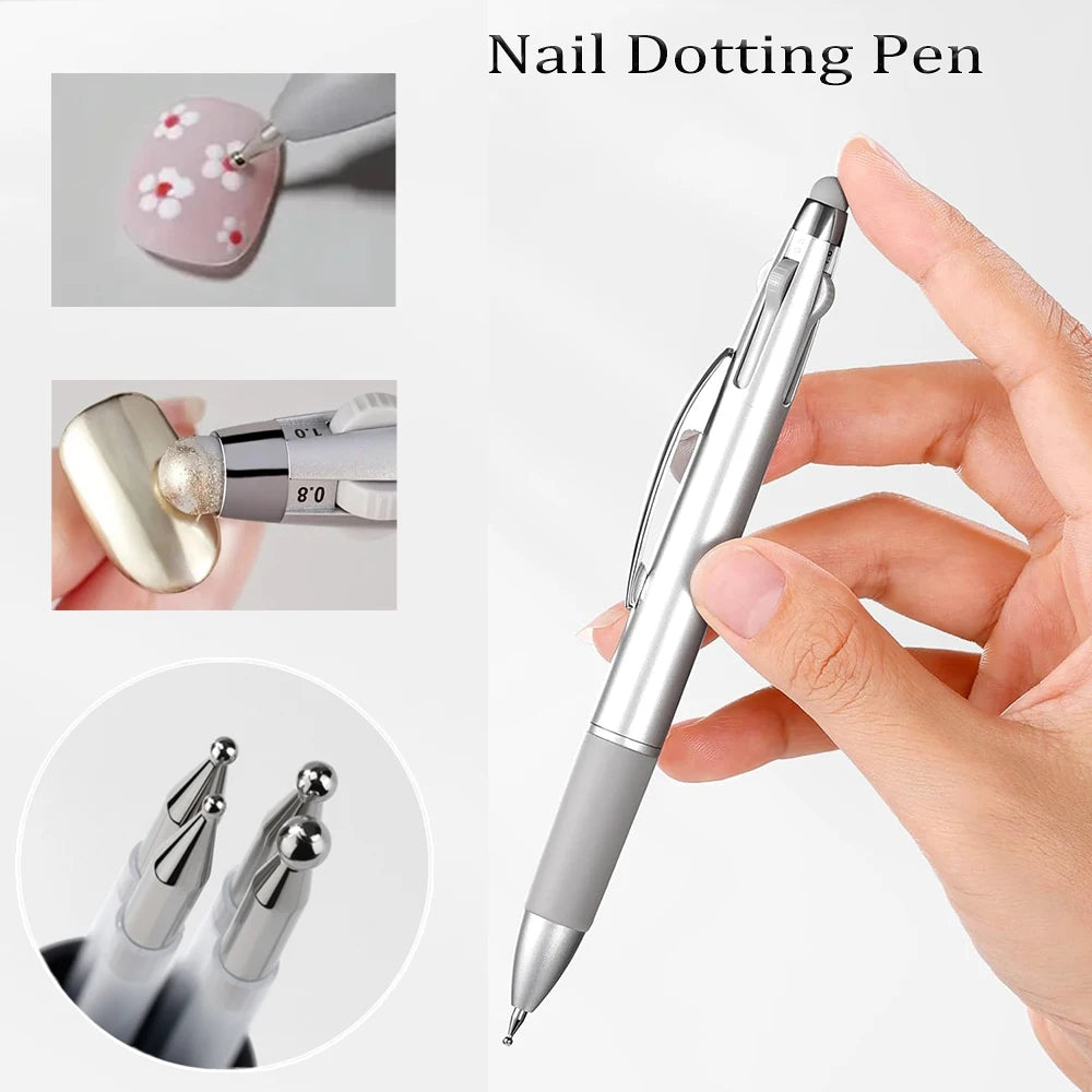 5-in-1 nail dotting pen with multi-heads, silver metal manicure tool