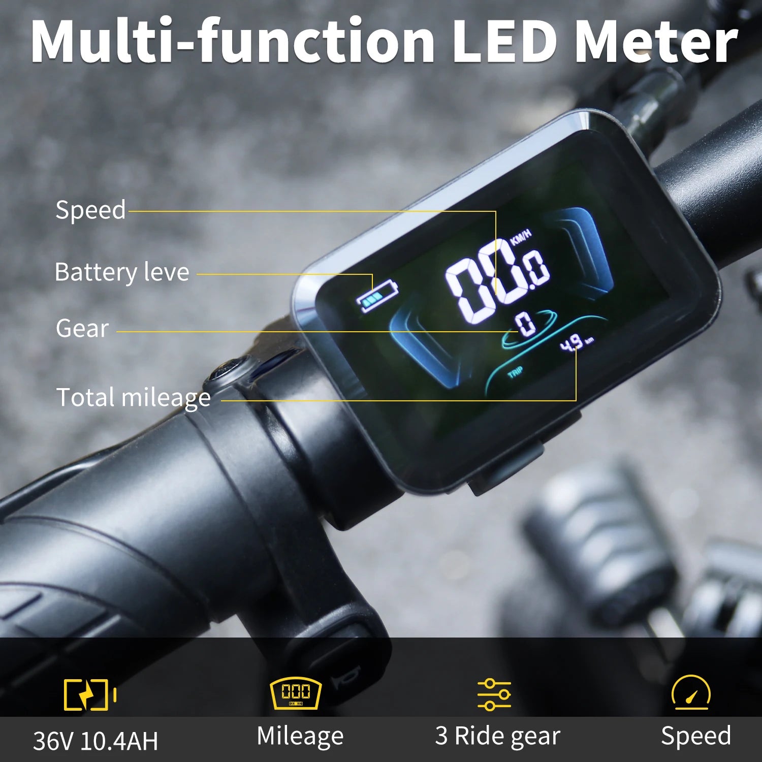 Hidoes C5 electric folding bike handlebar display showing speed, battery level, gear and mileage on 36V 10.4Ah battery