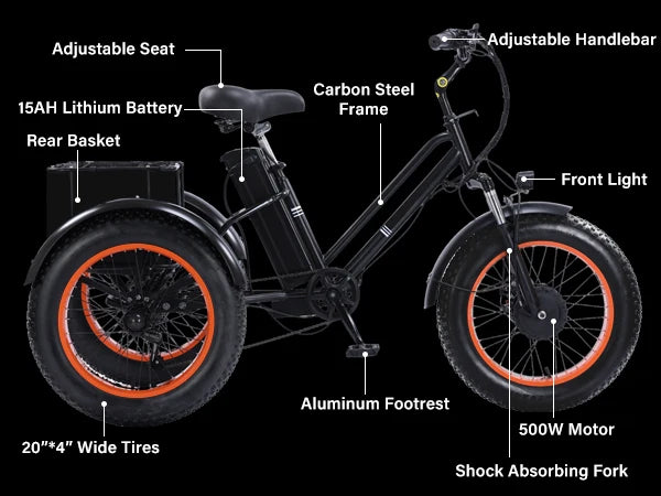 48V 500W Brushless Electric Tricycle for Adults Folding E Bike with Large Basket - MobilityBuy.com 