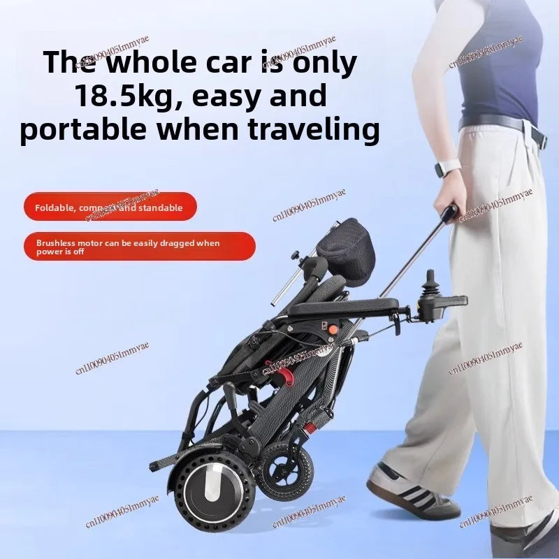 Lightweight, foldable electric wheelchair for elderly and disabled, featuring automatic operation and compact design.