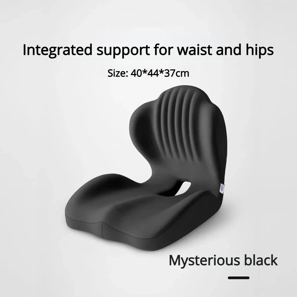 Lumbar Support Memory Foam Cushion, black ergonomic seat pad for sedentary posture relief.