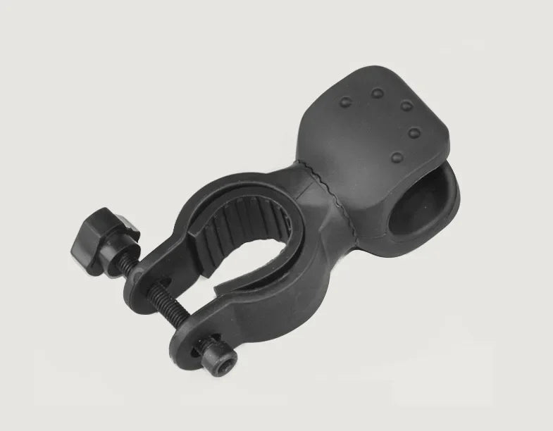 360-degree bicycle LED flashlight mount holder for walking sticks, showcasing sleek design and adjustable attachment features.