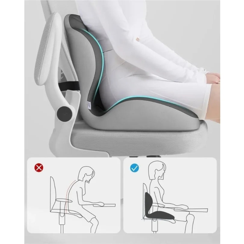 Lumbar support memory foam cushion by MobilityBuy.com for ergonomic posture correction; grey with teal trim