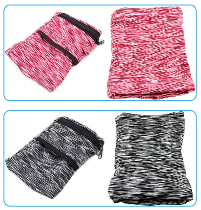 Lightweight Aliexpress zipper wrist wallet pouch holding a phone, keys, and cards against a neutral background.