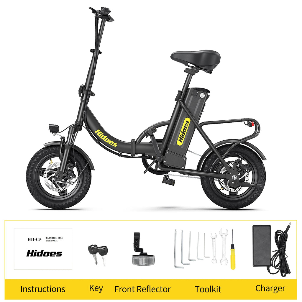 Hidoes C5 folding electric bicycle, black frame with 350W motor and 36V 10.4Ah lithium battery