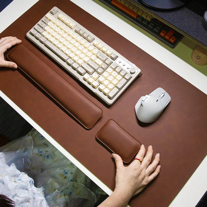 Desk mat set: brown waterproof PU leather mouse pad with two wrist rests (three-piece) by MobilityBuy.com