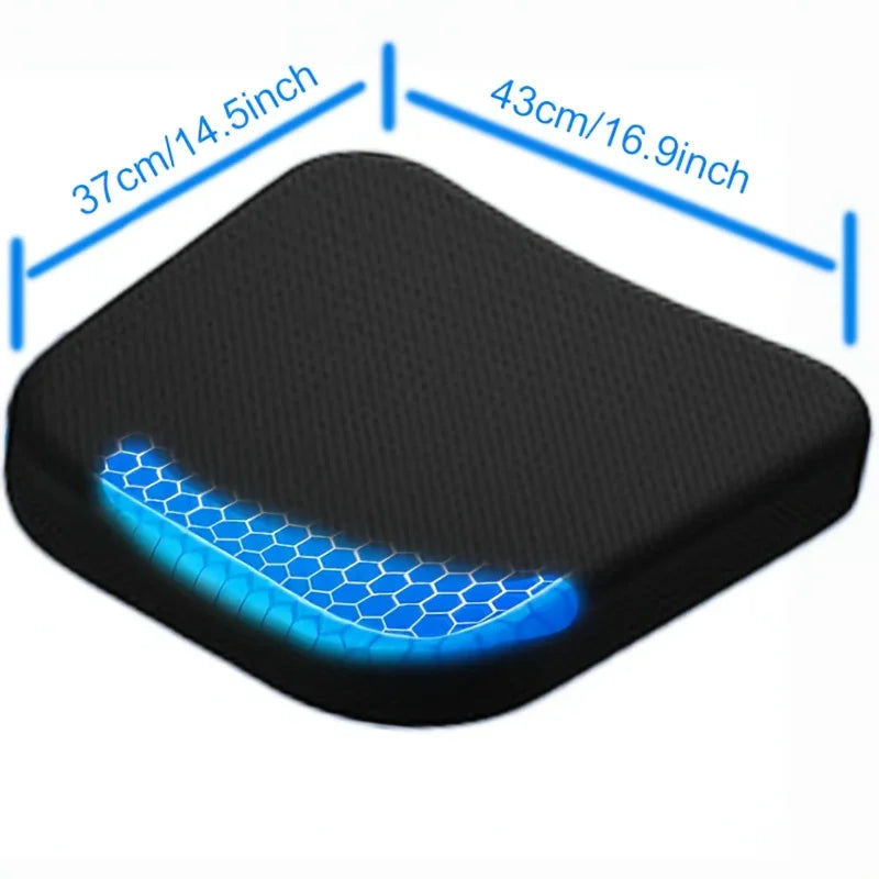 Water-resistant gel wheelchair cushion with breathable honeycomb design, providing comfort and support for extended use.