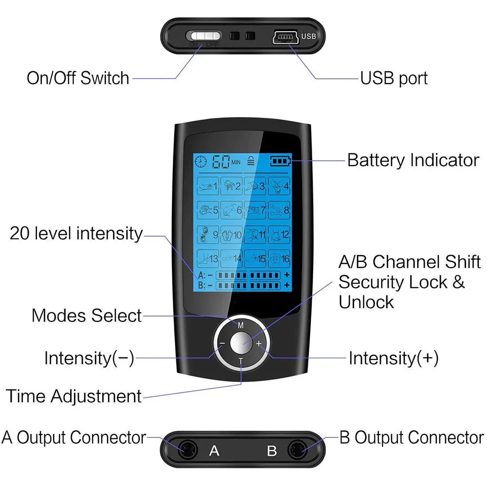 Electric EMS TENS Body Electromyostimulator, 2-channel, 16 massage modes - MobilityBuy.com 