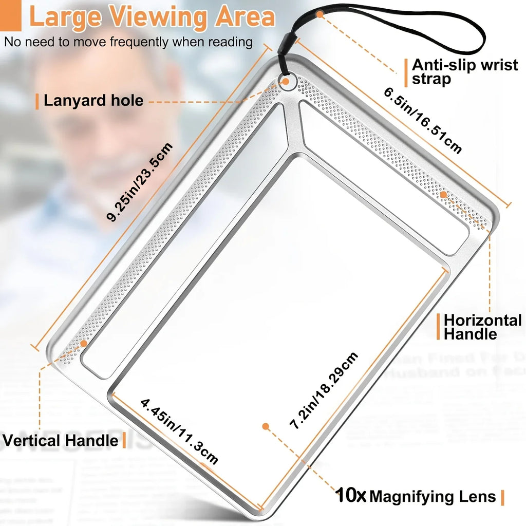 4X large LED magnifying glass by MobilityBuy, ideal for low vision, showcasing a handheld design with USB charging feature.