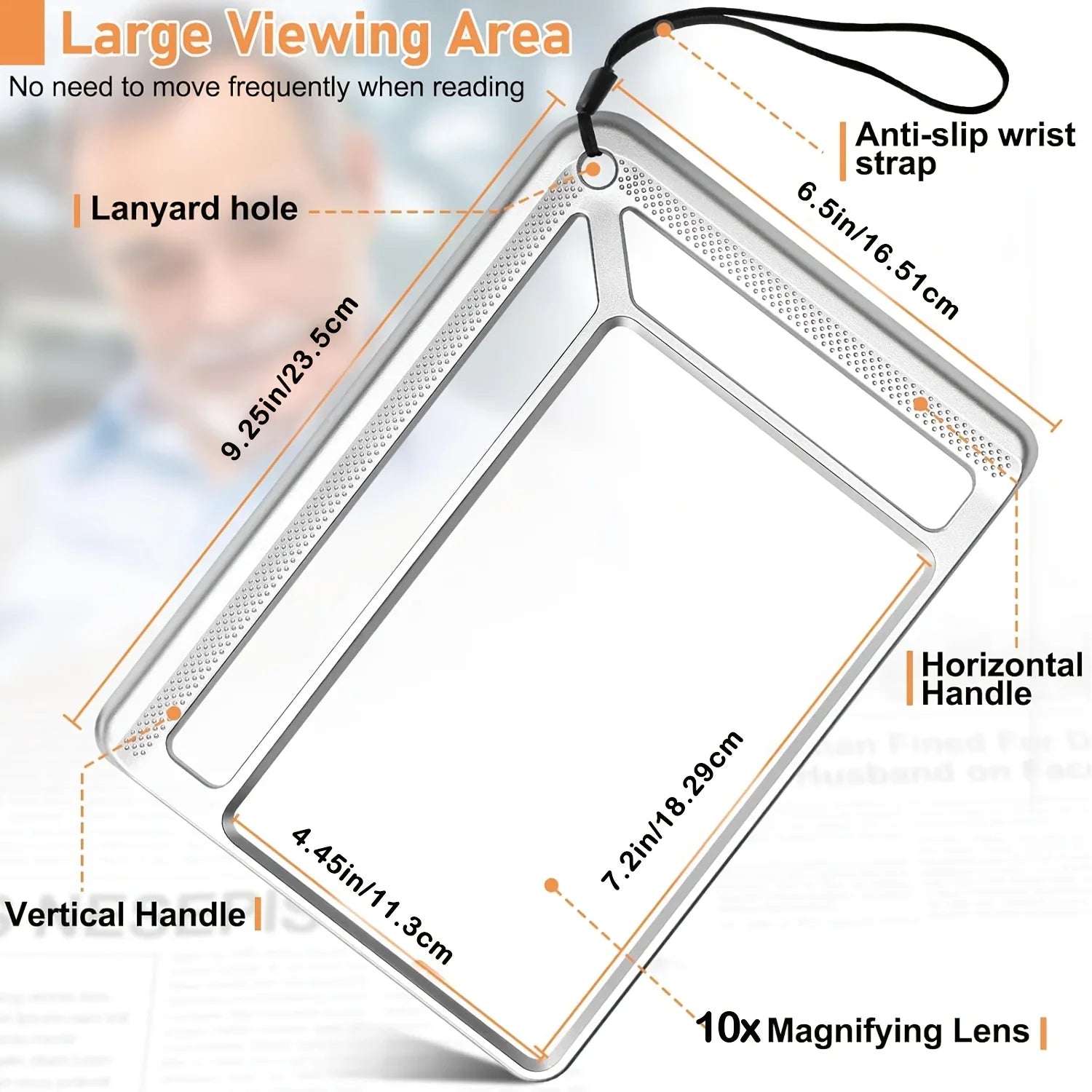 4X large LED magnifying glass by MobilityBuy, ideal for low vision, showcasing a handheld design with USB charging feature.