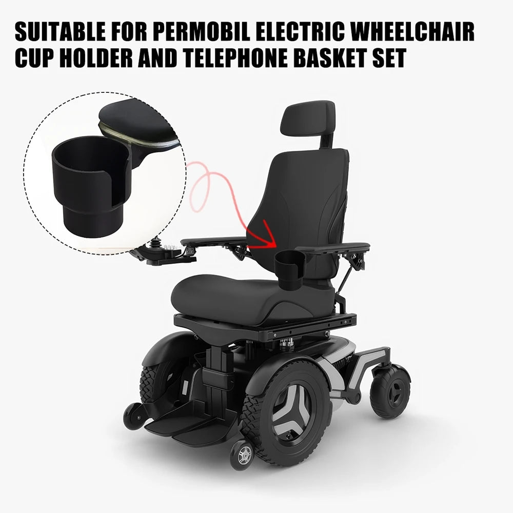 Permobil Electric Wheelchair Cup Holder And Telephone Basket Storage Box Set - MobilityBuy.com 